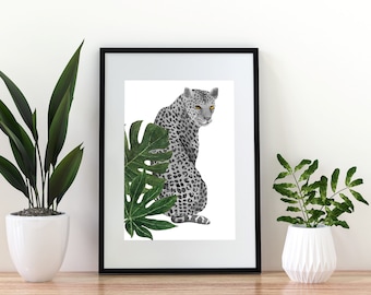 Leopard & Cheetah Tropical Art Print, Jungle Animal Poster, Leaf Graphic Wall Art