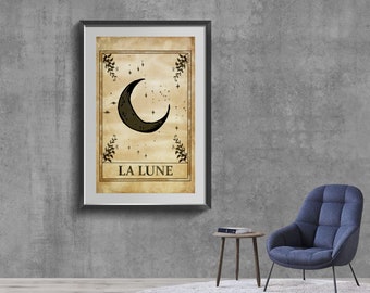 La Luna Tarot Karte Kunstdruck, Celestial Boho Wand Dekoration, Vintage Style Grafik Poster