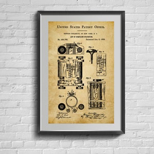 May include: A vintage patent drawing for a "Art of Compiling Statistics" machine, dated January 6, 1880. The drawing shows a detailed illustration of the machine's components, including gears, rollers, and a lever.