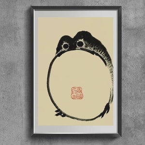 Japanese Frog Sad Frog art print. Woodblock reproduction Ugly cute toad Print