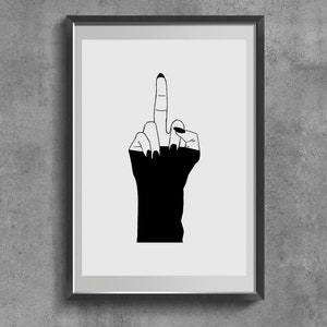 May include: Black and white line art print of a hand giving the middle finger, with the hand partially submerged in black ink.