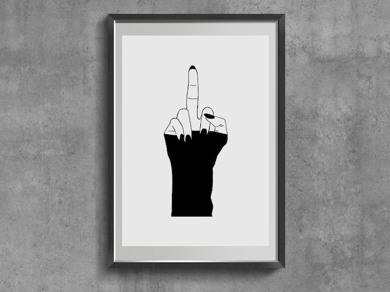 May include: Black and white line art print of a hand giving the middle finger, with the hand partially submerged in black ink.