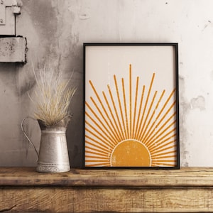 Impresión de amanecer, arte de pared de sol, decoración boho, arte de pared abstracto escandinavo, impresión minimalista, imagen de oficina moderna.