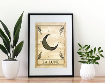 La Luna Tarot Card Print, Vintage Moon Art Poster