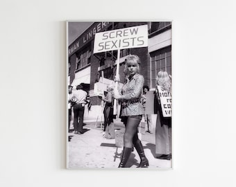 Feminist Art Print, Women Unite, Vintage Retro Poster, Monochrome Graphic Home Decor