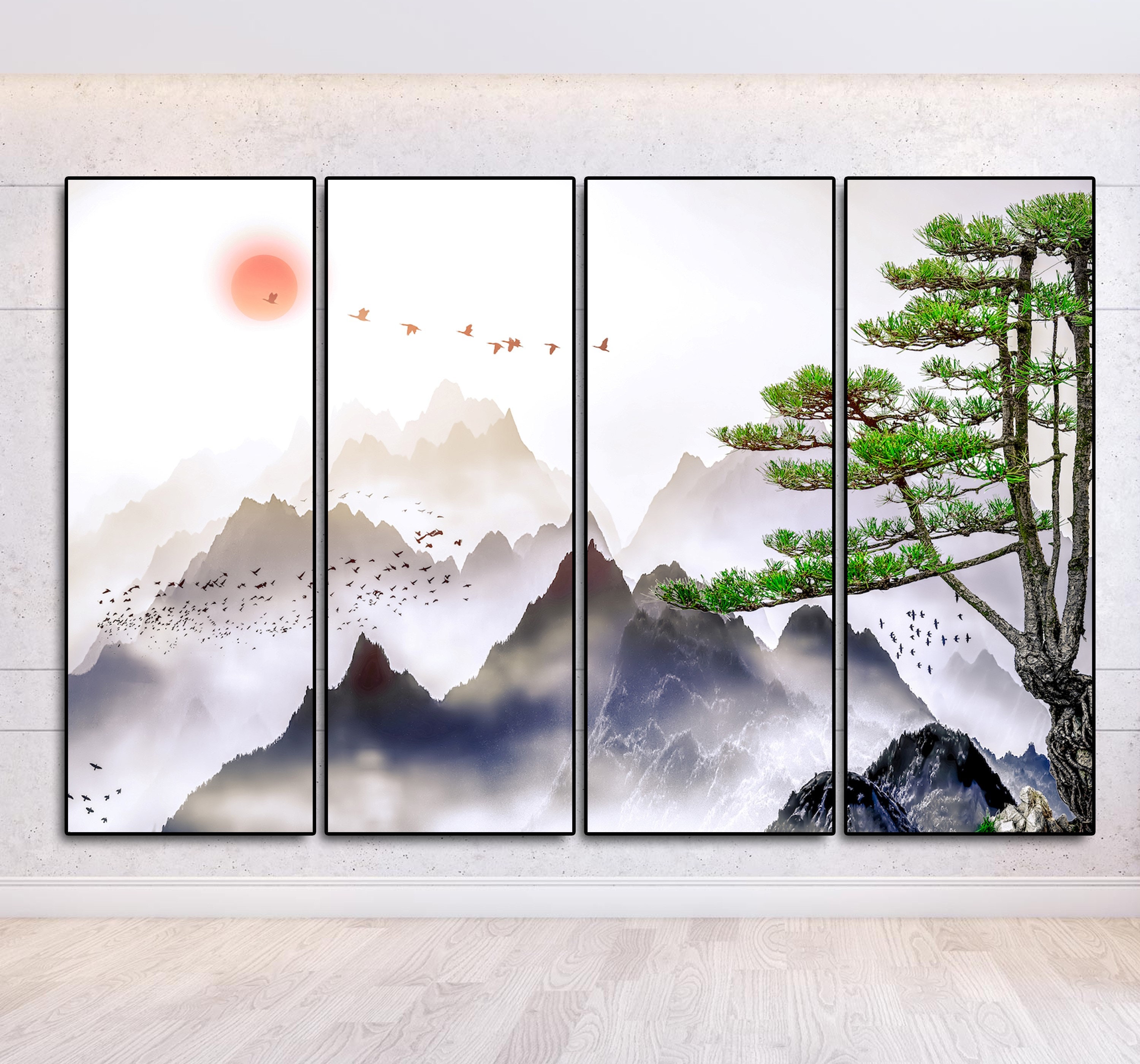 Poster Paesaggio Giapponese Autunnale - Set 3 Stampe Bianco/Nero, 30x40cm, Per Soggiorno, Senza Cornice - Foto 2