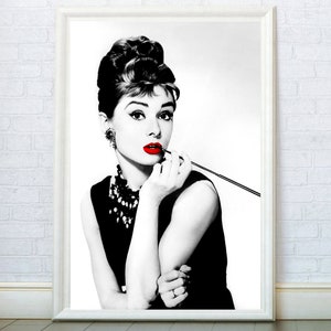 Audrey Hepburn Print, Fashion Illustration Wall Art, Hepburn Photo Red Lips Decor, Living Room Poster, Vintage Canvas Home Gift