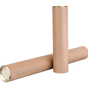 May include: Two brown cardboard mailing tubes with metal end caps. The tubes are lying on a white surface.