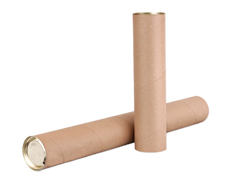 May include: Two brown cardboard mailing tubes with metal end caps. The tubes are lying on a white surface.