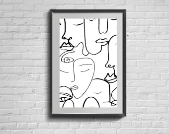 Minimalist One Line Face Art Print, Neutral Canvas Poster, Abstract Portrait Graphic Sketch