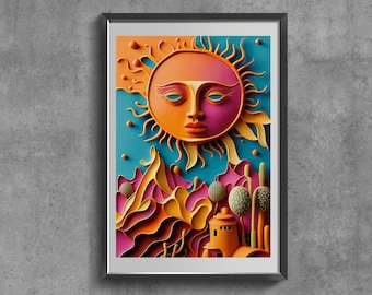 Boho Sun Art Print, Terracotta Landscape, Modern Wall Art, Abstract 3D Poster