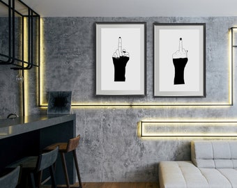 Boho Middle Finger Art Prints - Minimalist Home Decor, Set of 2