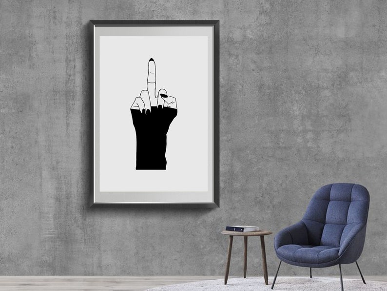 May include: Black and white line art print of a hand giving the middle finger, framed in a black frame.