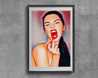 Lámina artística con el dedo corazón feminista, póster retro para pared, ilustración de retrato de mujer.