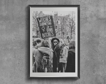 Feminist Art Print, Witches Supporting Other Bitches, Retro Black and White Poster