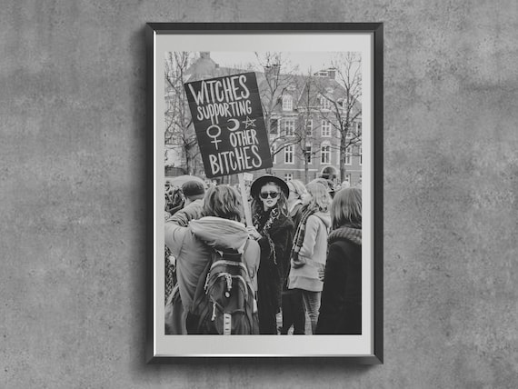 Feminist Art Print, Witches Supporting Other Bitches, Retro Black and White Poster