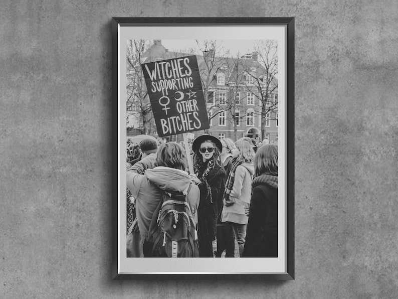 Feminist Art Print, Witches Supporting Other Bitches, Retro Black and White Poster image 1