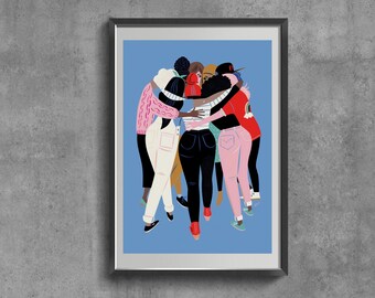 Women Unite Art Print, Feminist Gift, Retro Illustration Poster, Colorful Graphic Art