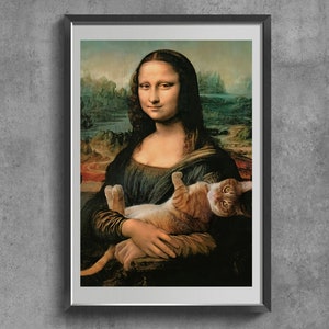 Mona Lisa With A Cat Poster. Pop Illustration Painting Print Wall Art On Canvas.