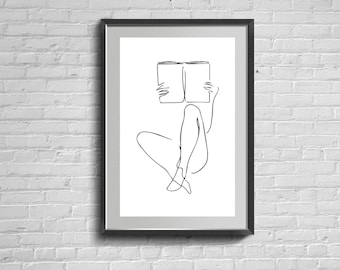 Woman reading line art, sensual print, modern minimalist wall art