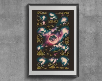 Lámina retro con diseño de galaxia y luna, arte mural celestial, póster de fantasía.