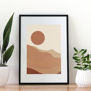 Burnt orange art, modern wall art, retro style wall art, sun art print, terracotta art, landscape wall art, abstract mountain wall art.