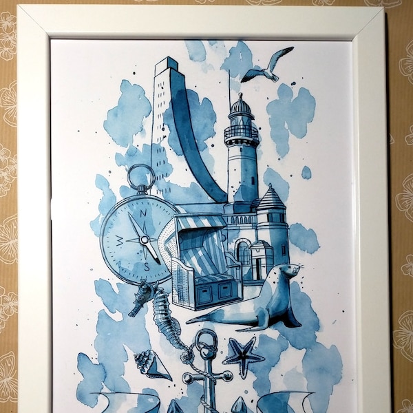 Heimathafen Kiel Aquarelle Art Print Baltische Zee muurkunst DinA4 muurkunst maritieme huisdecor huis opwarming van de aarde cadeau vakantie cadeau kust