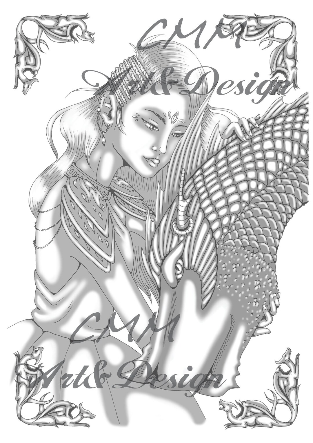 Printable Coloring Page Dragon Girl Greyscale - Etsy