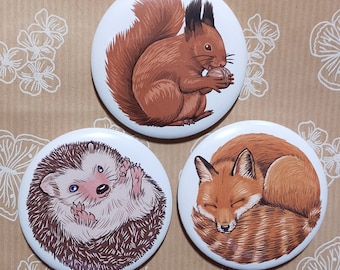 Big Badge Button Set of 3 - Forest Animals - 5,8cm Pin - Cute Accessory small gift idea