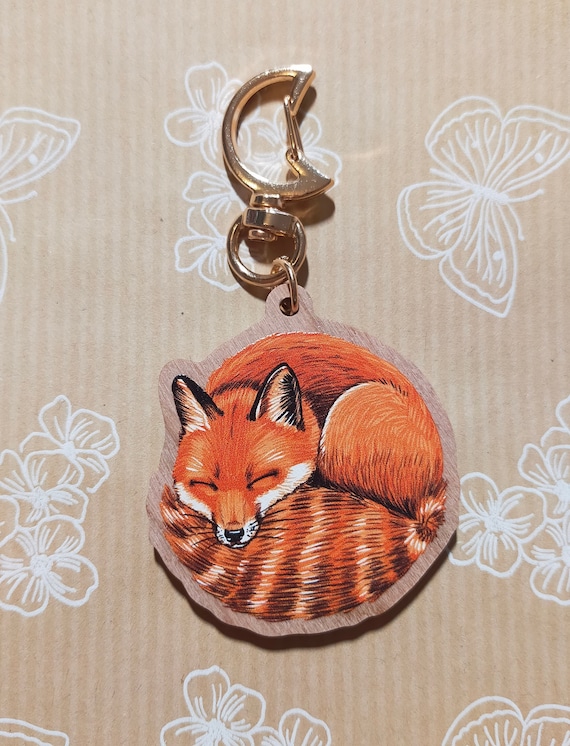 Wooden Keychain sleeping Fox orange Accesoire small gift nature lover present for friends