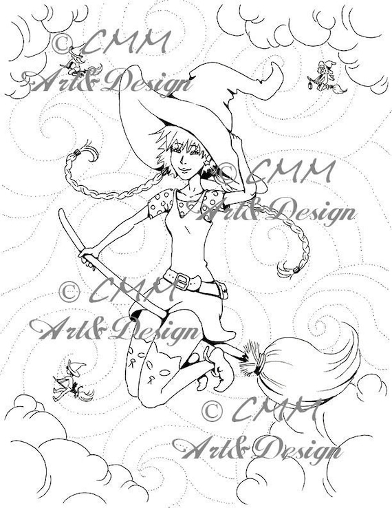 Printable Coloring Page Witch Flight Fantasy - Etsy