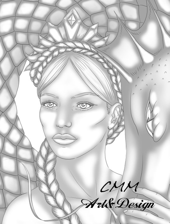 Printable Coloring Page Dragon Girl 02 Greyscale - Etsy