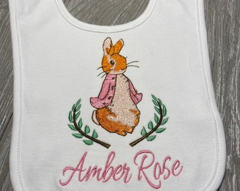 Lovely Peter Rabbit Bibs Monogram Personalization At No Extra Cost!!! Great for Baby Girl.  Fast shipping!