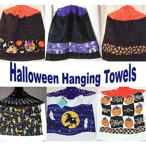 May include: A collection of Halloween hanging towels. The towels feature various designs, including pumpkins, witches, ghosts, and candy corn. The towels have a decorative crocheted top in orange, purple, or black. The text "Halloween Hanging Towels" is displayed.