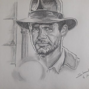 Portrait of Harrison Ford in Indiana Jones made in pencil