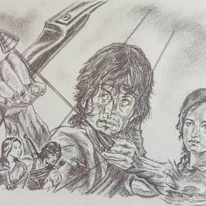 Mit Bleistiften angefertigte Illustration des Films Rambo 2