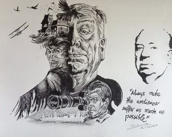 Illustration du réalisateur Alfred Hitchcock réalisé aux crayons et feutre