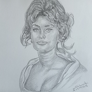 Portret van de actrice Sophia Loren gemaakt met potloden