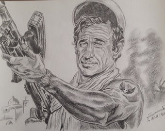 Dessin de Belmondo dans le film Les Morfalous réalisé au crayon