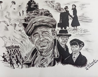 Illustration of the film Les Miserables with Jean Paul Belmondo made with pencils and fine tip marker.