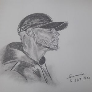 Porträt des Rappers Booba mit Bleistift