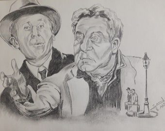 Portrait de Jean Gabin et Bourvil réalisé au crayon