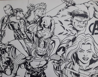 Drawing of the Avengers made in pencil and fine point felt