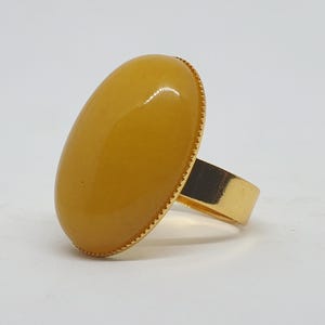 Large Oval semi-precious Burmese Yellow Jade ring, adjustable size gold-plated ring, statement gemstone ring