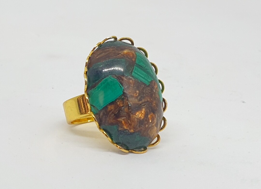 Large Oval Semi-precious Congolese Malachite Copper Bornite Ring ...