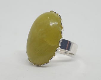 Anel oval grande semiprecioso de jade verde-limão canadense, tamanho ajustável, banhado a prata, anel com pedra preciosa de destaque