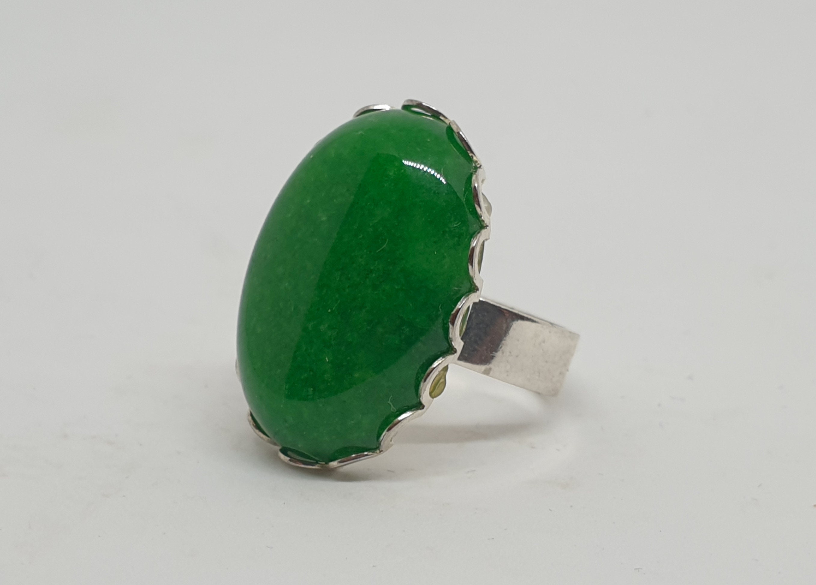 Malay Style Rings Large Oval Semi-precious Malaysian Green Jade Ring, Adjustable Size ...