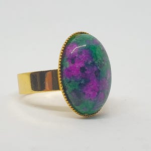 Oval semi-precious Indian Ruby Zoisite ring, adjustable size gold-plated ring, real gemstone ring