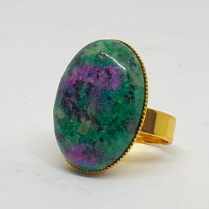 Large Oval semi-precious Indian Ruby in Zoisite ring, adjustable size gold-plated ring, statement gemstone ring
