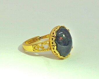 Stunning Large Oval Precious Ethiopian Black Opal ring, adjustable size, gold-plated solid silver ring, statement silver gemstone ring